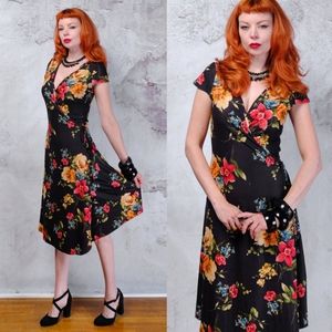 ModCloth Voodoo Vixen Floral Black Wrap Dress Medium Vintage Inspired Rockabilly